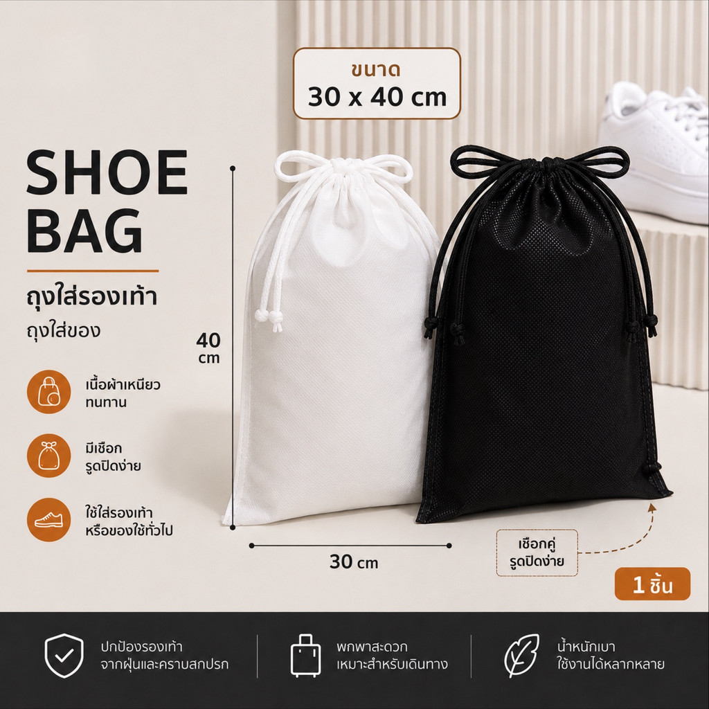 ถุงใส่รองเท้า แบบมีเชือก ถุงสปันบอนด์ 40*30 cm dust bag