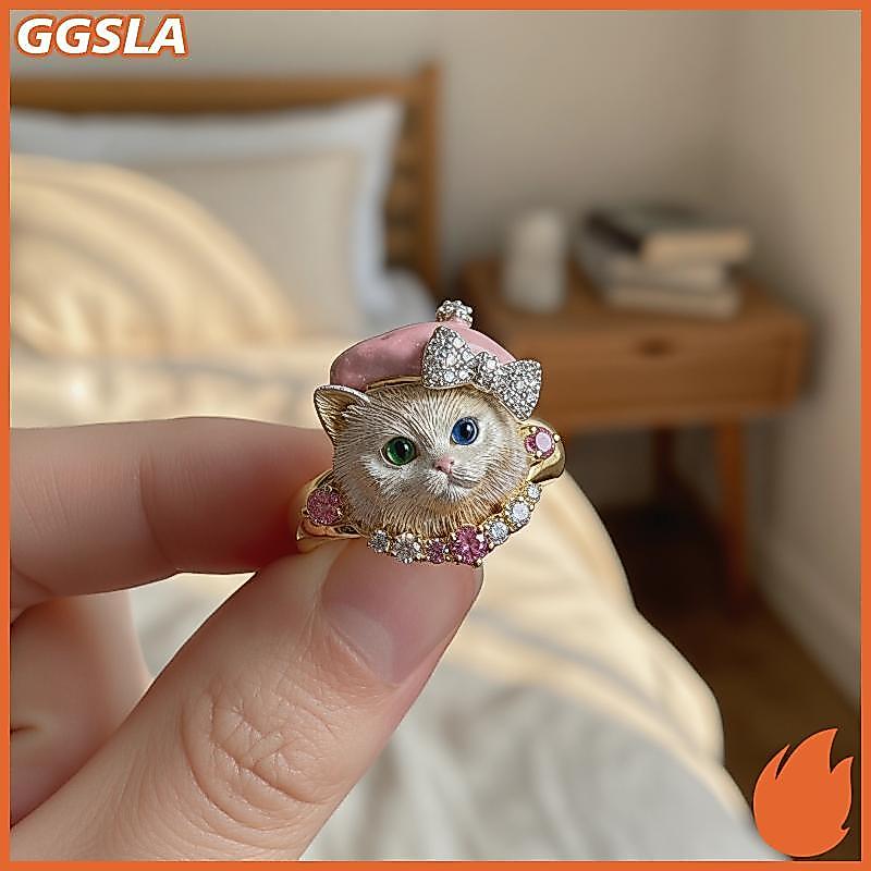 GGSLA แฟชั่น 3ง ลูกสุนัขลูกแมวแหวนเคลือบสัตว์ออกแบบด้วยมงกุฎโบว์สําหรับผู้หญิงเครื่องประดับของขวัญใหม่