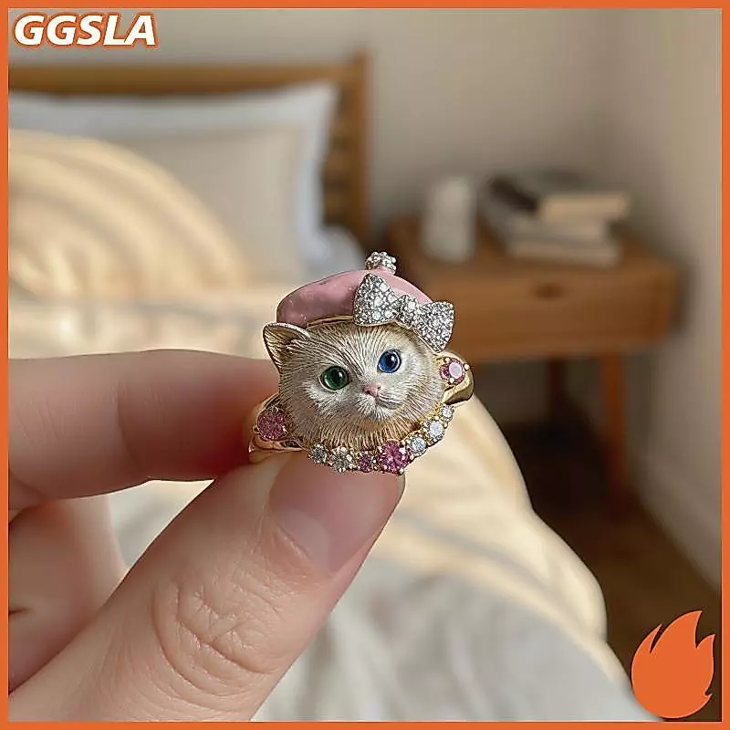 GGSLA แฟชั่น 3ง ลูกสุนัขลูกแมวแหวนเคลือบสัตว์ออกแบบด้วยมงกุฎโบว์สําหรับผู้หญิงเครื่องประดับของขวัญใหม่