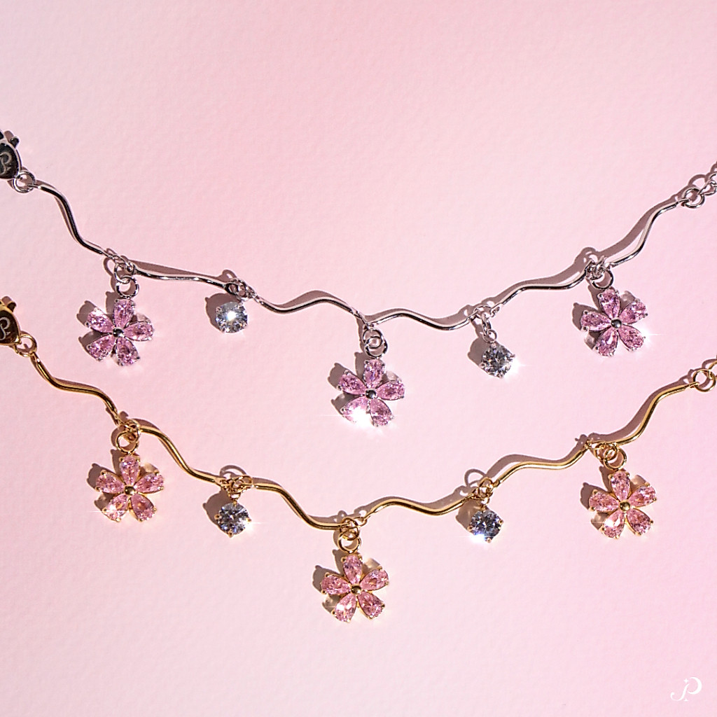 Pink Bloom / Pink Blossom สร้อยคอ กำไล ต่างหู จี้ดอกไม้ CZ สแตนเลส316 ไม่ลอก ไม่ดำ สีเงิน สีทอง ของขวัญ