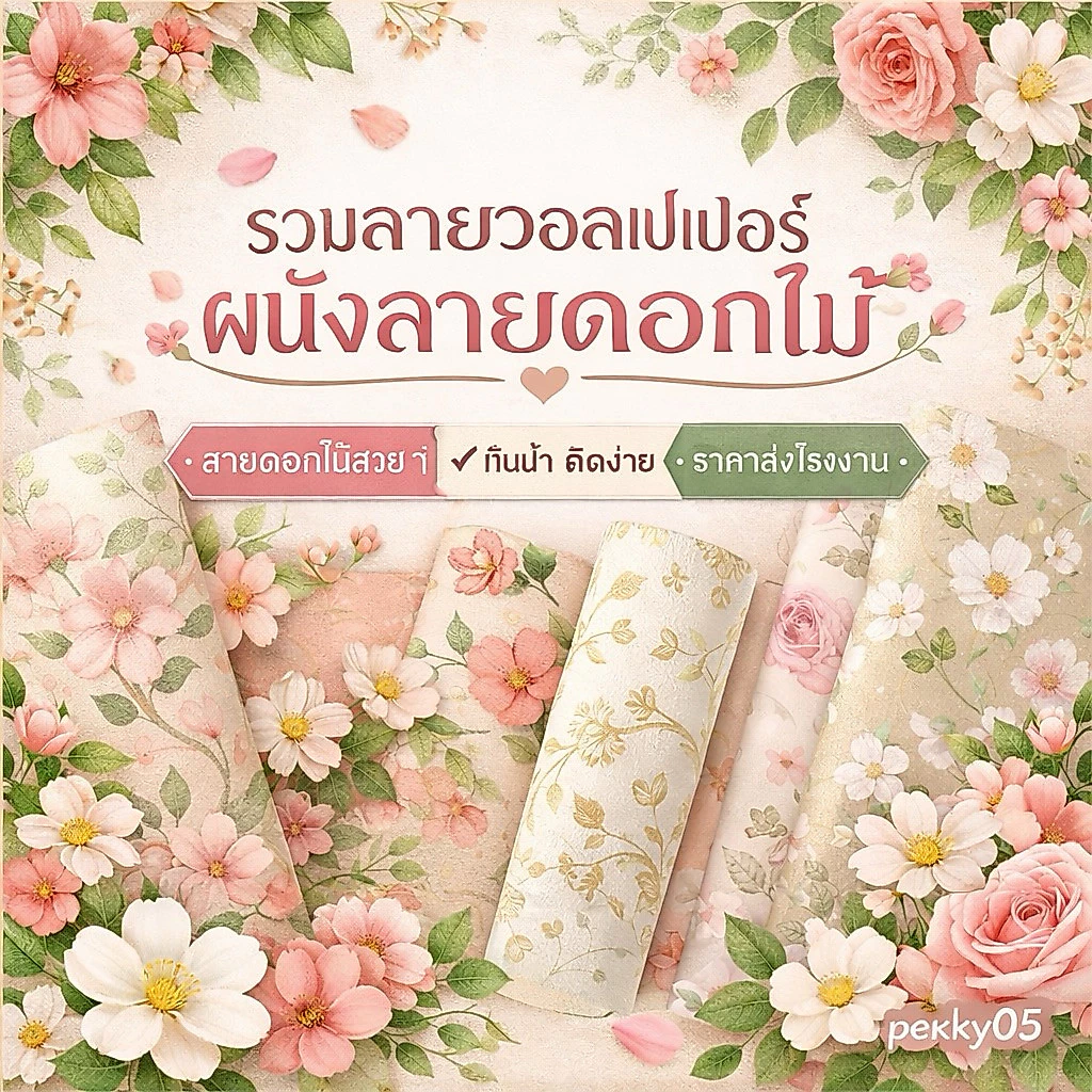 วอลเปเปอร์ลายดอกไม้หวานๆ มินิมอล ติดผนังห้องนอน มีกาวในตัว กันน้ำ 45cm*9-10m.