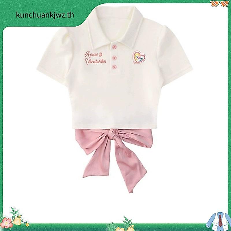 Xiao เสื้อยืดโปโล แขนสั้น คอปก ผูกโบว์ สไตล์ญี่ปุ่น สําหรับผู้หญิง O90L