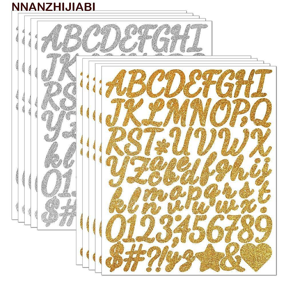 NANZHIJIABI 5 แผ่นตัวอักษร Big Letter สติกเกอร์, 2/1.5 นิ้วกาว Glitter Letter สติกเกอร์,ประกายตัวอัก
