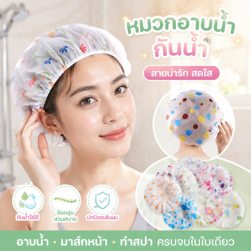 COD หมวกคลุมผมอาบน้ํา 80PCS กันน้ํา มีให้เลือกหลายแบบ PEVA ผมแห้ง ลายการ์ตูนน่ารัก