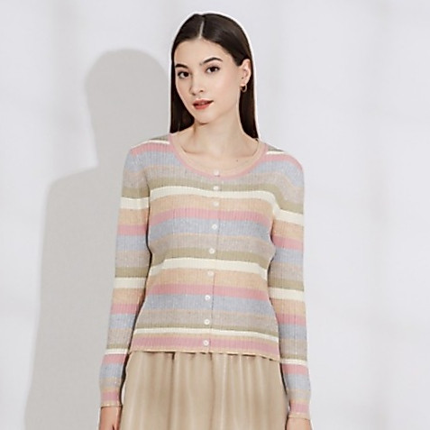 MKY เสื้อผ้า ROUND NECK STRIPED KNIT CARDIGAN LONG SLEEVE CARDIGAN