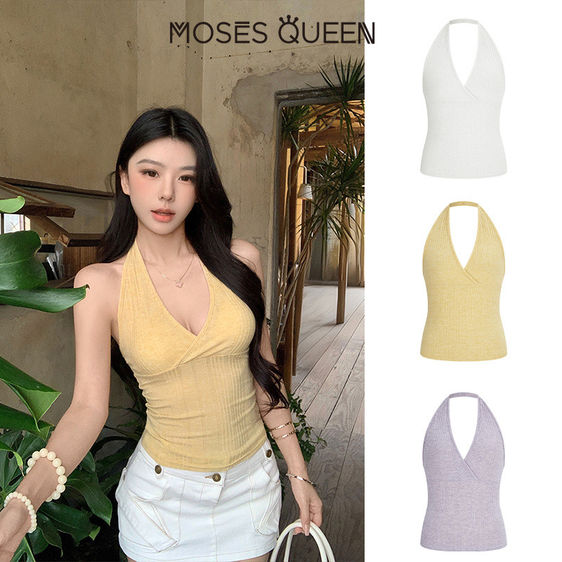 MOSESQUEEN โมเสสควีน เสื้อเกาะอกคอวีถักเซ็กซี่สําหรับผู้หญิงใส่เป็นเสื้อนอกเสื้อแขนกุดเปลือยหลังเผยให้เห็นอินเทรนด์ #63571