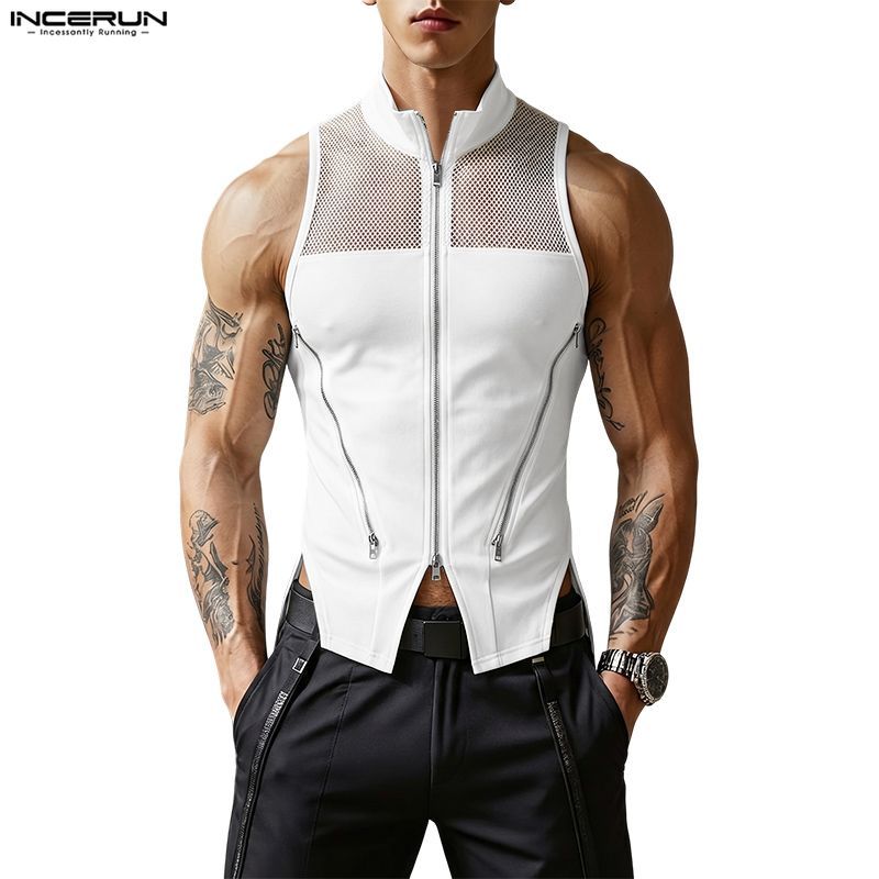 INCERUN แฟชั่นผู้ชาย Splicing ตาข่ายซิปแยก Destruction Design เสื้อแขนกุดเสื้อกล้าม