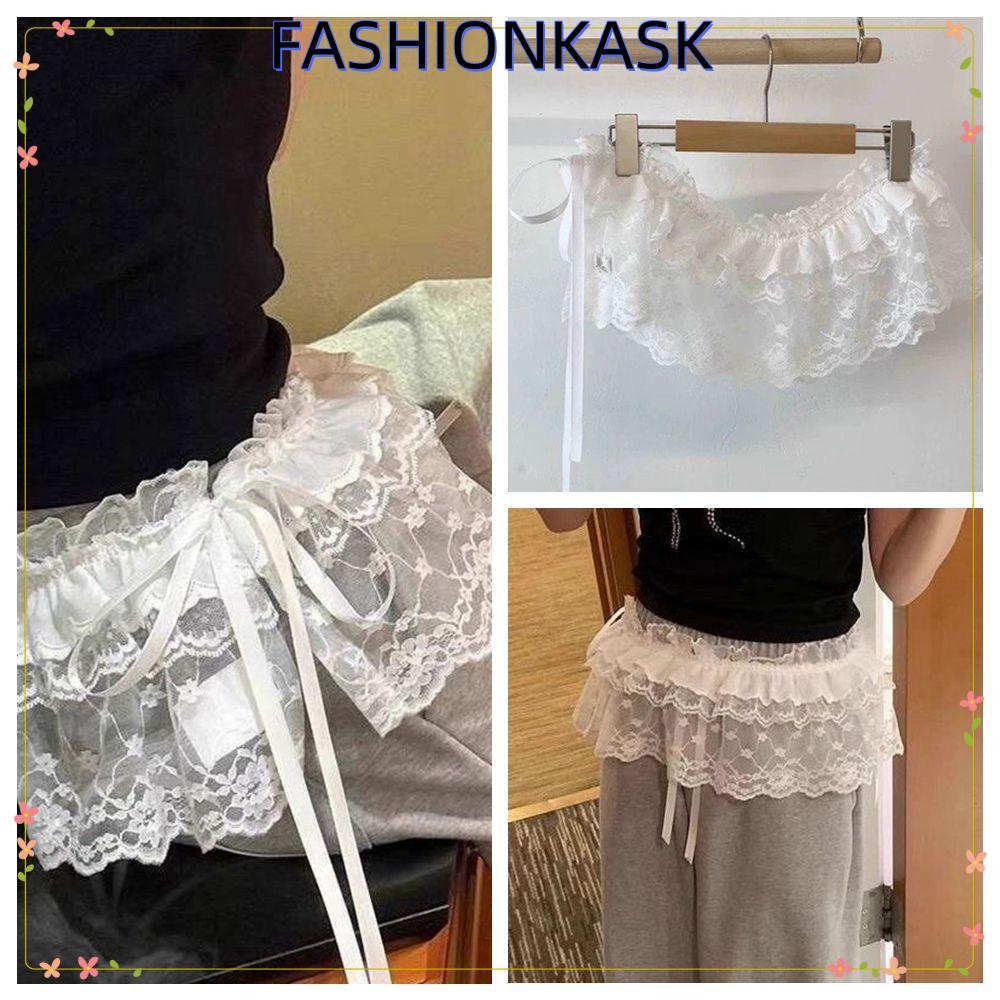 IFASHIONKA ลูกไม้มินิกระโปรง, Harajuku ดูผ่าน Lace Up Ruffles กระโปรง,ปักดอกไม้ Y2K Streetwear กระโปรงจีบกางเกงยีนส์ตกแต่ง