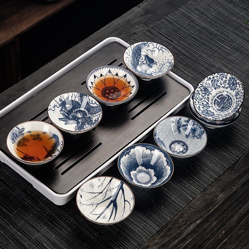 【9.96个一套】青花瓷釉下彩斗笠杯茶杯主人杯整套家用品茗杯20260608 【Set of 9.96 pieces】Blue and white porcelain underglaze color