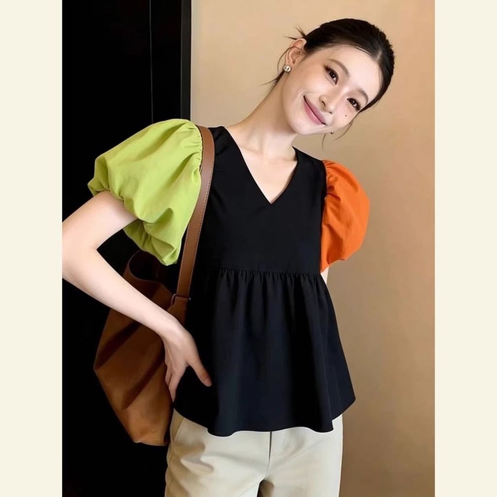 LP185 🎀แขนพัฟสีตัดกันด้านบนแฟชั่นเสื้อเชิ้ตสีดําระดับไฮเอนด์