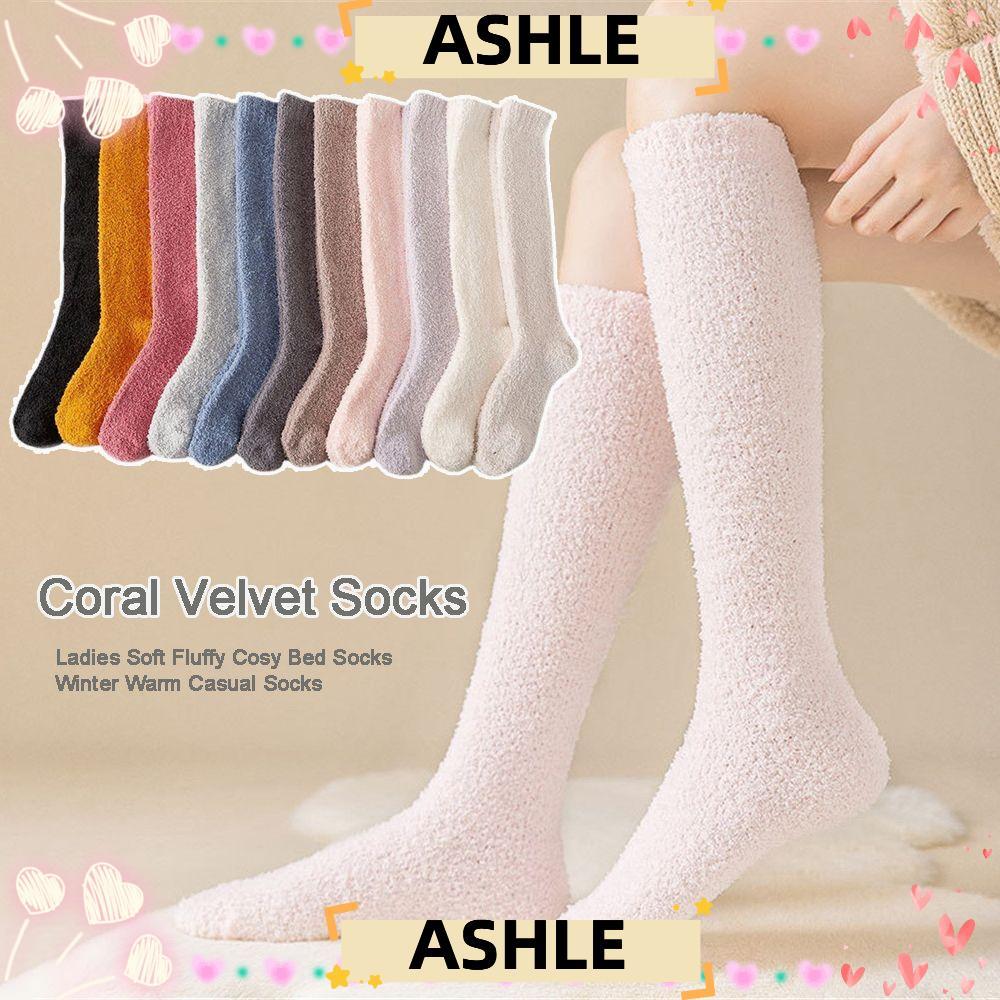 ASHLE ถุงเท้ากํามะหยี่ปะการังสีบริสุทธิ์ของขวัญคริสต์มาสหนาระบายอากาศนุ่มปุย Cosy