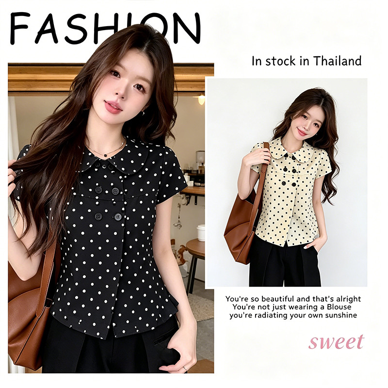 99471 เสื้อเชิ้ตแขนสั้นคอตุ๊กตาลายจุด ผู้หญิง ฤดูร้อน ดีไซน์กระดุมคู่ สั้นแต่งตัวได้หลายลุค สไตล์เกาหลีหวานๆ ราคาถูก Shopee Lazada