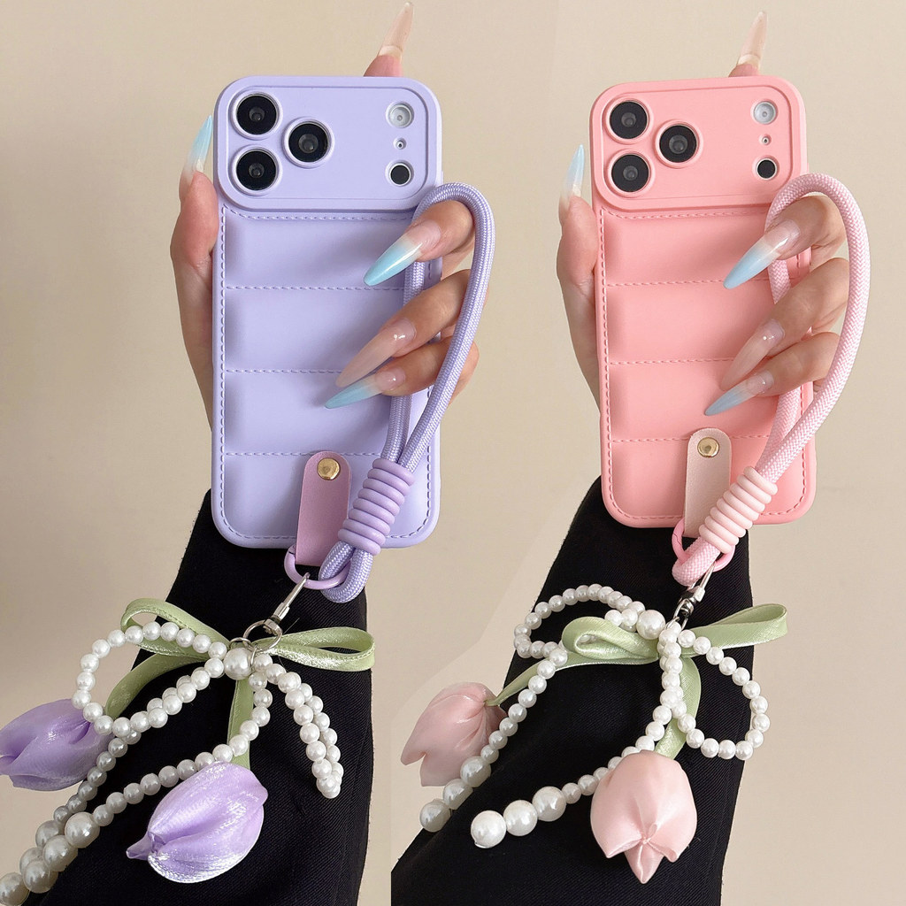 สีพาสเทลปักเป้าเคสโทรศัพท์ผ้านวมอ้วนพร้อมทิวลิปและเชือกเส้นเล็กมุกCoquetteความงามเกราะป้องกันสําหรับ