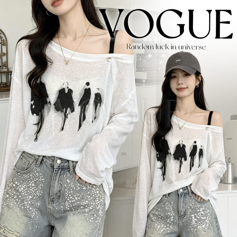 Vogue🌟พร้อมส่ง🌟 เสื้อแขนยาวโอเวอร์ไซส์ ผ้าบางเบา ดีไซน์สายเดี่ยวปาดไหล่ สไตล์เกาหลี (FY2153)