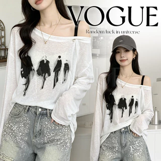 Vogue🌟พร้อมส่ง🌟 เสื้อแขนยาวโอเวอร์ไซส์ ผ้าบางเบา ดีไซน์สายเดี่ยวปาดไหล่ สไตล์เกาหลี (FY2153)