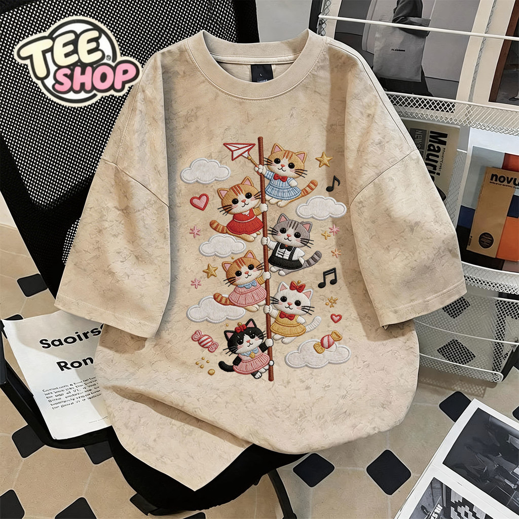 TEE·SHOP🍀เสื้อยืดฟอก เสื้อวินเทจ เสื้อยืด oversize ลาย ' Cute Kittens ' เกาหลี พิมพ์ลาย ผ้านิ่มใส่สบาย S-3XL COD📦