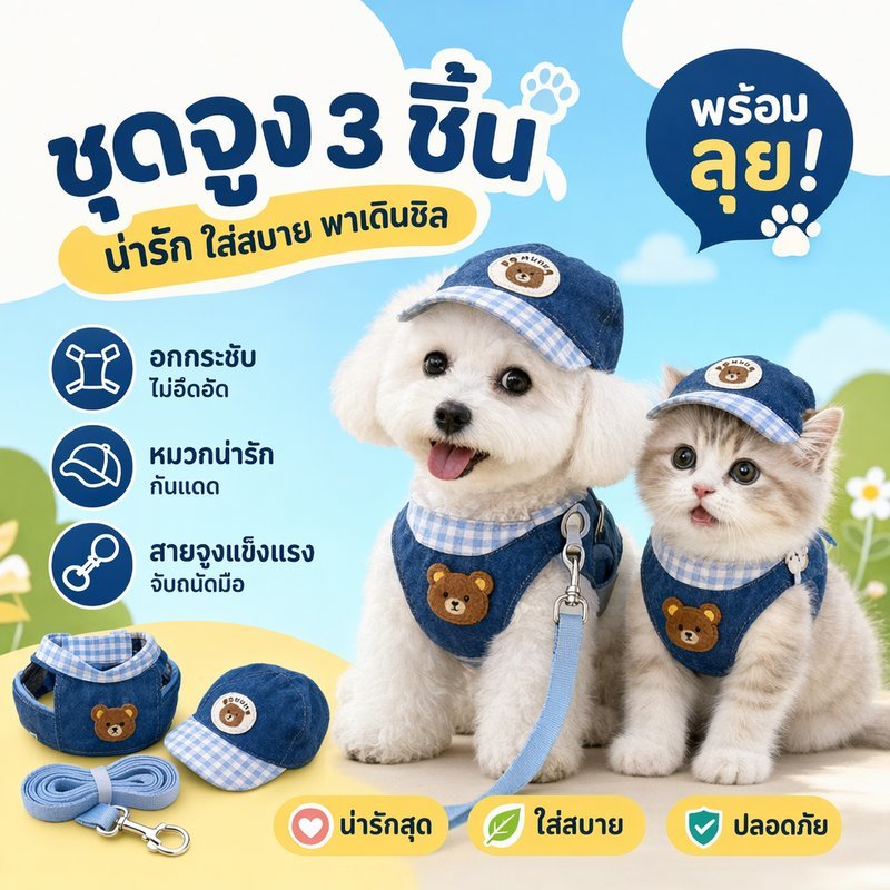 สายจูงสุนัข สายจูงแมว ชุดสายจูงสัตว์เลี้ยง หมวกกันแดด ระบายอากาศ ปรับได้ กันหลุด น่ารัก
