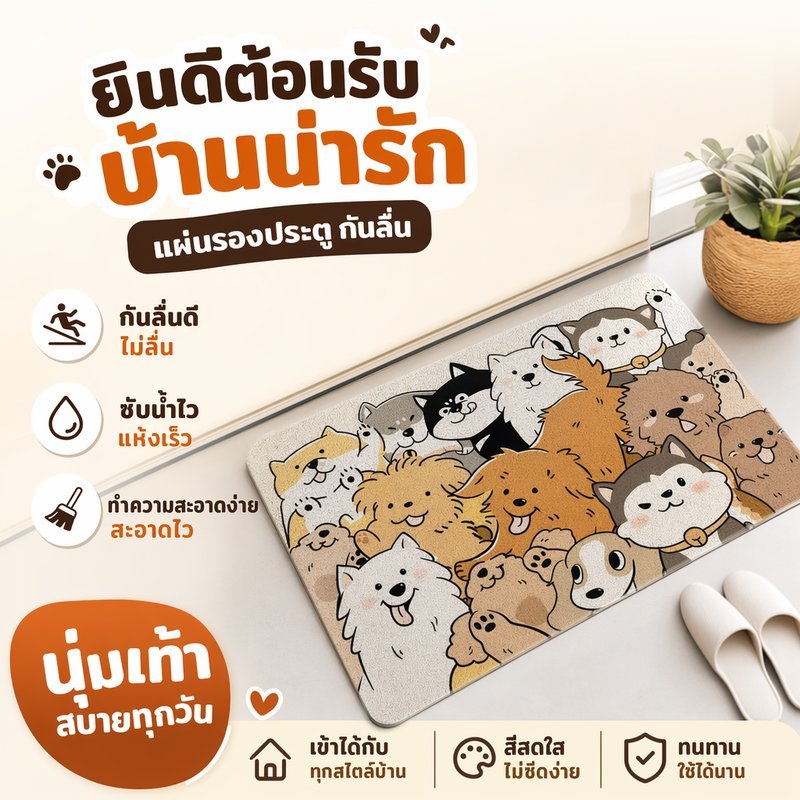 พรมเช็ดเท้า พรมกันลื่น พรมดักฝุ่น ลายหมาการ์ตูน หน้าประตู ทางเข้าบ้าน ซักง่าย ตัดแต่งได้