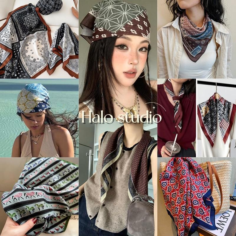 Halo studio พร้อมส่ง 🔥คอลเล็กชั่นผ้าเช็ดหน้าผ้าฝ้ายลินินลายตารางหมากรุกสไตล์เรโทรยอดนิยม