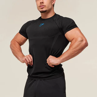 GYM ผู้ชายกล้ามเนื้อสบายๆฟิตเนสเสื้อยืดยืด Breathable สบายกีฬาออกกําลังกาย Shark แขนสั้น Top