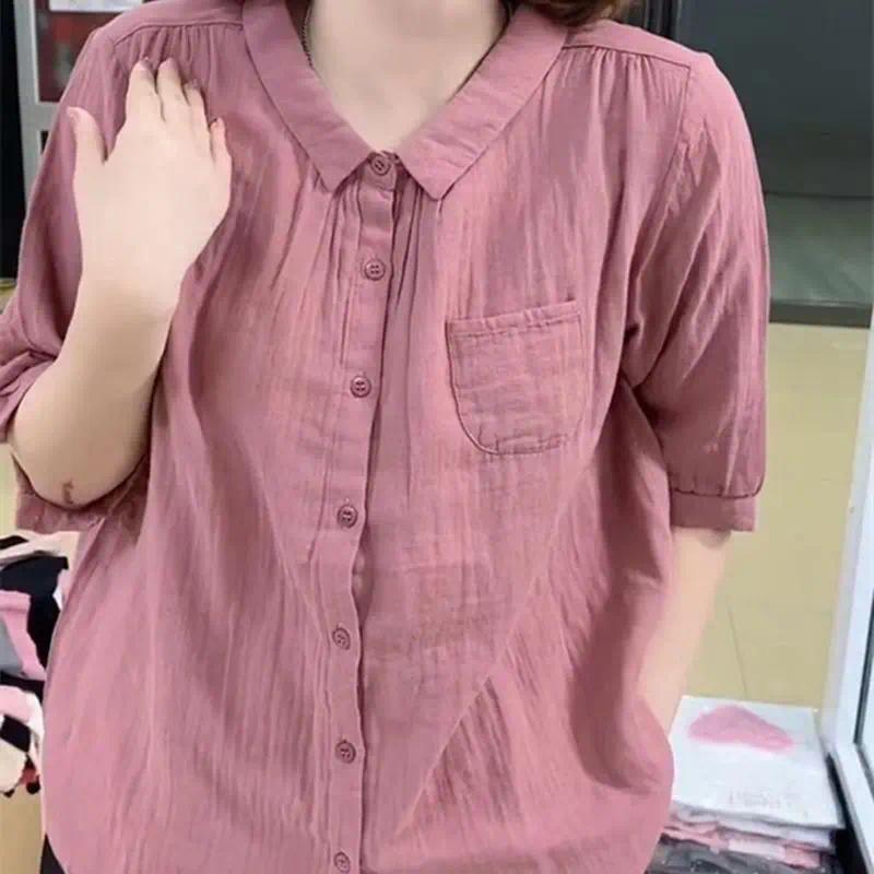 เสื้อเชิ้ตแขนสั้นผู้หญิง สีพื้น คอปกโปโล สไตล์ใหม่ ทันสมัย ​​ใส่ได้หลายโอกาส ทรงหลวม