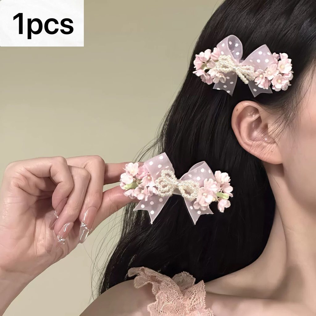 สไตล์ใหม่อารมณ์หวานดอกไม้สีชมพูลูกปัดโบว์กิ๊บติดผมที่สวยงามเฉพาะคลิปด้านข้าง