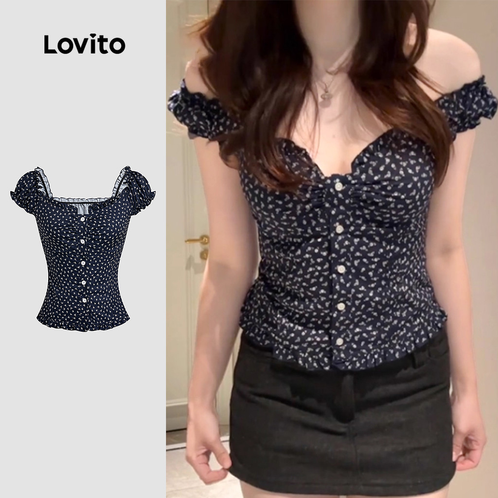 (แคชชวล) Lovito เสื้อเชิ้ตแบบสบาย ๆ ลายปุ่มแต่งขอบเผ lettuce ฤดูใบไม้ผลิ/ฤดูร้อน สีน้ำเงินเข้ม L139AD256