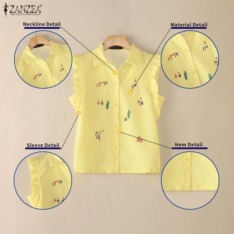 ZANZEA ใส่ ซานเซีย ผู้หญิงเกาหลีฤดูร้อนหวานปกนัวเนียแขนการ์ตูนพิมพ์ปุ่มขึ้นวันหยุดเสื้อลําลอง — صورة 7