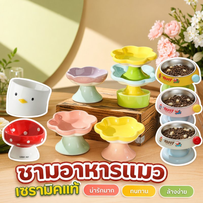 ชามอาหารแมว ชามแมวเซรามิก ชามเอียง ยกสูง ลดอาเจียน ลดภาระคอ ฐานมั่นคง กันคว่ำ แมวหน้าแบน