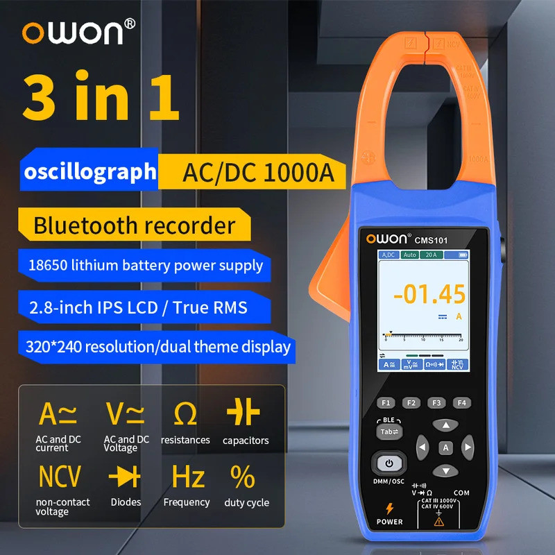 แท้ Owon CMS101 3 in 1 1000A AC/DC Clamp Meter + Oscilloscope เครื่องบันทึกบลูทูธฟังก์ชั่น 18650 แบต