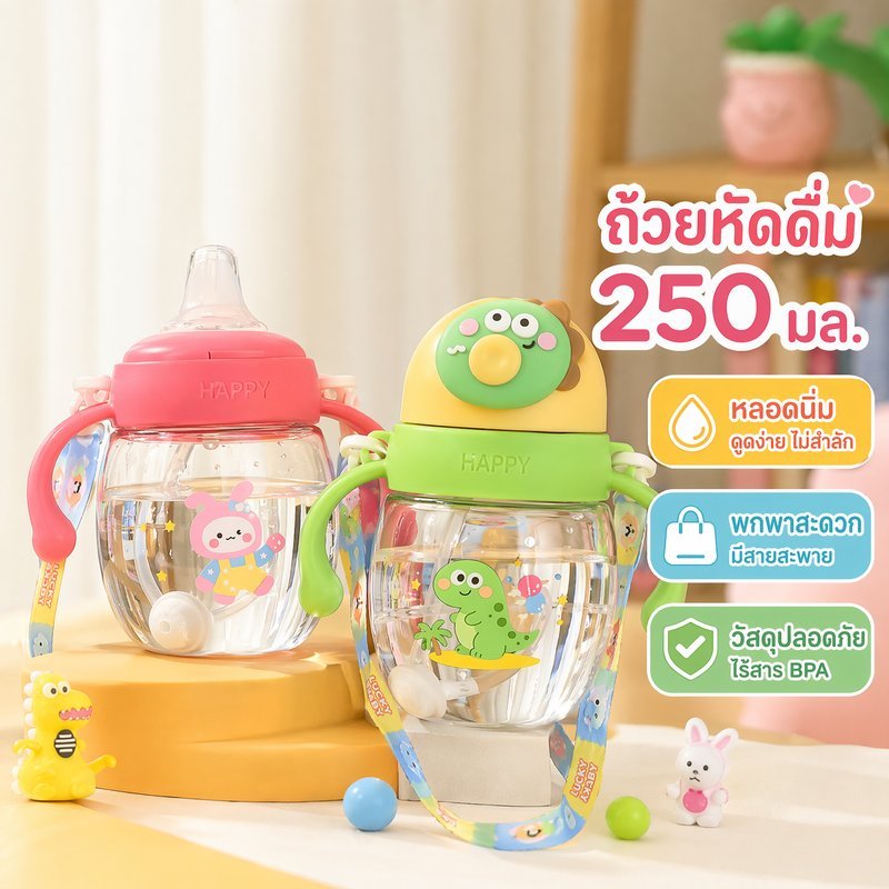 ขวดหัดดื่มเด็ก แก้วหัดดูด กันสำลัก กันรั่ว พร้อมสายสะพาย ลายการ์ตูน 250ml เด็กเล็ก พกพาง่าย