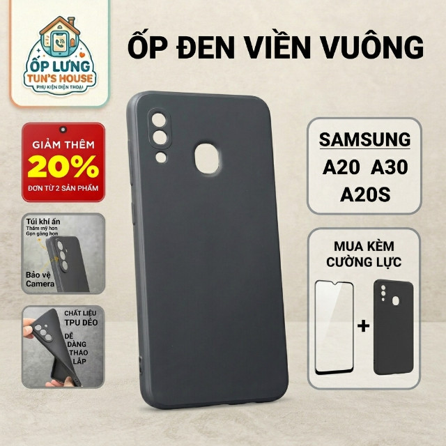 เคส Samsung A30, A20, A20s เคส Tun House Plain Black | เคสโทรศัพท์แบบยืดหยุ่น SS galaxy ปกป้องกล้องโ