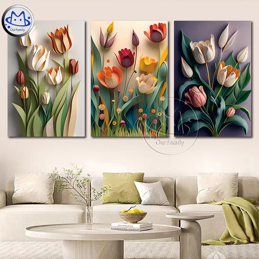 ชุดภาพวาดตกแต่งผนังลายดอกไม้ 3D สไตล์สแกนดิเนเวียน สมจริง 3 ชิ้น สำหรับห้องนั่งเล่น