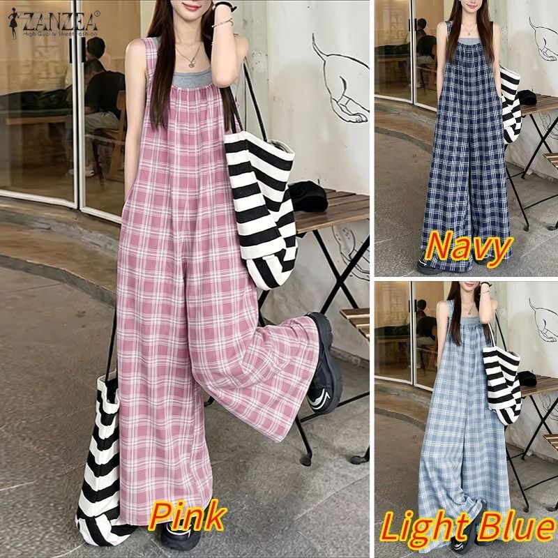 ZANZEA ผู้หญิงเกาหลี Streetwear Retro Casual Square Collar แขนกุดหลวมลายสก๊อตขากว้าง Overalls — صورة 3