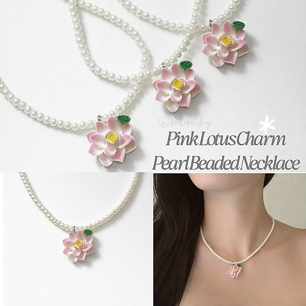 (Ready to Ship🇹🇭) Pink Lotus Pendant Pearl Necklace - สร้อยดอกบัว สร้อยลูกปัดมุก จี้ดอกบัวชมพู🪷✨