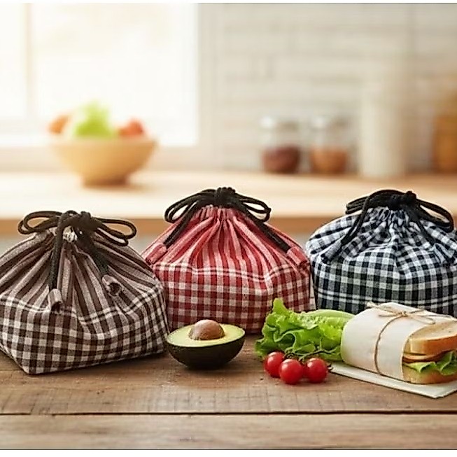 New! กระเป๋าใส่กล่องข้าวผ้าขาวม้าลายสก๊อต ขนาด 7×7 นิ้ว