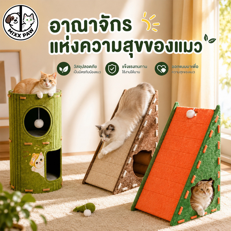 คอนโดแมวสักหลาด บ้านแมว ลับเล็บแมว กันน้ำ 3in1 ทนต่อรอยขีดข่วน 6 ด้านสามารถเล่นได้