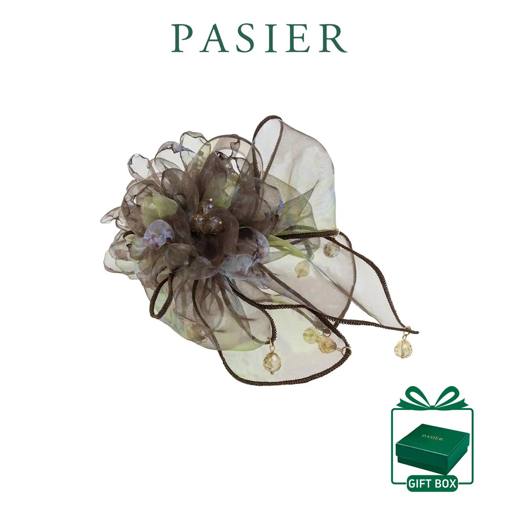 PASIER 2026 Boho Mist Organza ดอกไม้คลิปผมคริสตัลพู่ Bun อุปกรณ์เสริม Elegant ของขวัญกล่อง FB3268