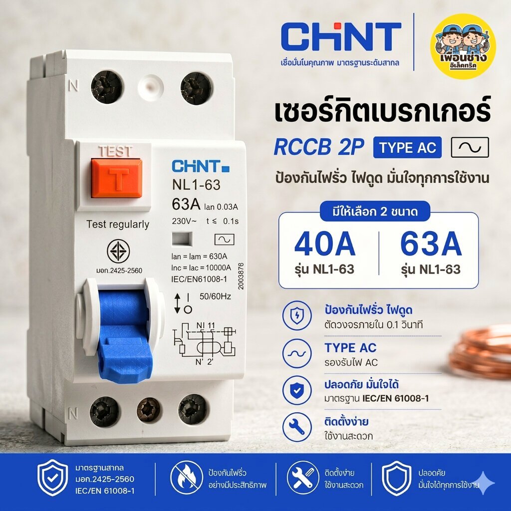 **Type AC** CHINT เซอร์กิตเบรกเกอร์กันดูด RCCB รุ่น NL1-63 2P 40A 63A AC 10KA 30mA ห้ามใช้กับ Ev Charger เบรกเกอร์