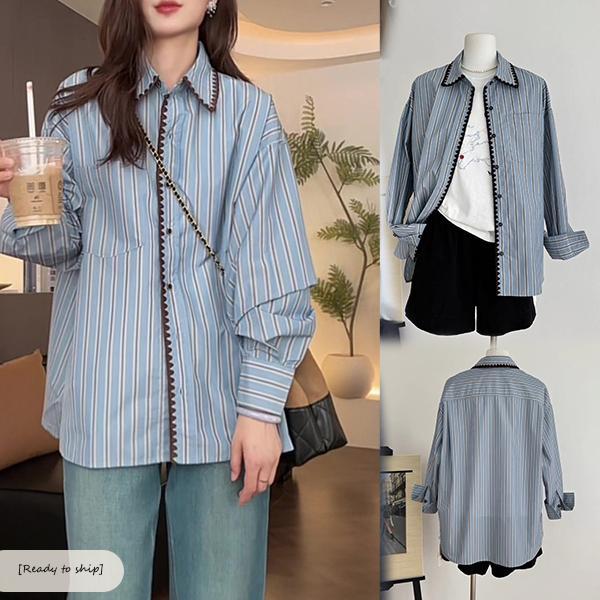 เสื้อเชิ้ตลายทางสไตล์เรโทรไซส์ใหญ่ทรงหลวมแต่ช่วยให้ดูผอมเพรียว เสื้อแขนยาวคอปกทรงหลวม ดีไซน์สีตัดกัน สำหรับผู้หญิง#99140