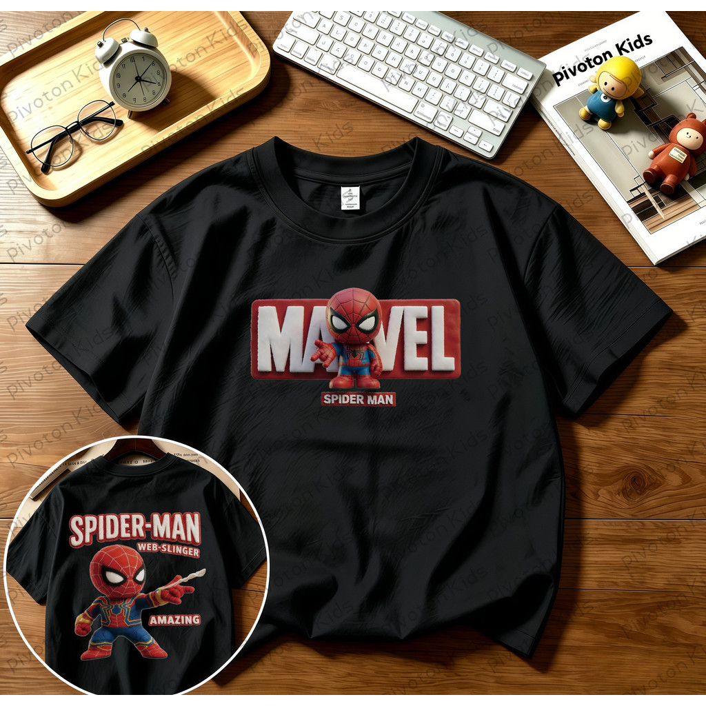 เสื้อยืดเด็กผู้ชายสีดำ ลายตัวการ์ตูนฮีโร่Qเวอร์ชัน พิมพ์หน้า+หลัง ทรงหลวม ผ้านุ่มระบายอากาศ ยืดหยุ่น ไม่เป็นขุย