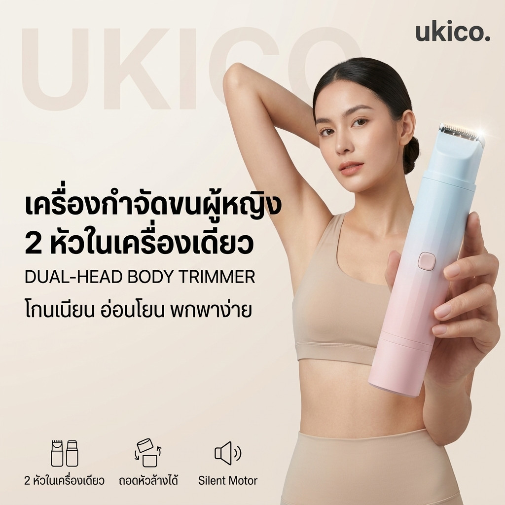 UKICO 2 in 1 เครื่องถอนขนไฟฟ้า เครื่องเล็มขนไฟฟ้า 2 หัว ใบมีดญี่ปุ่น 4D ไม่บาดผิว มอเตอร์ 6400RPM ชาร์จ Type‑C ล้างน้ำได้ เหมาะกับผิวแพ้ง่าย