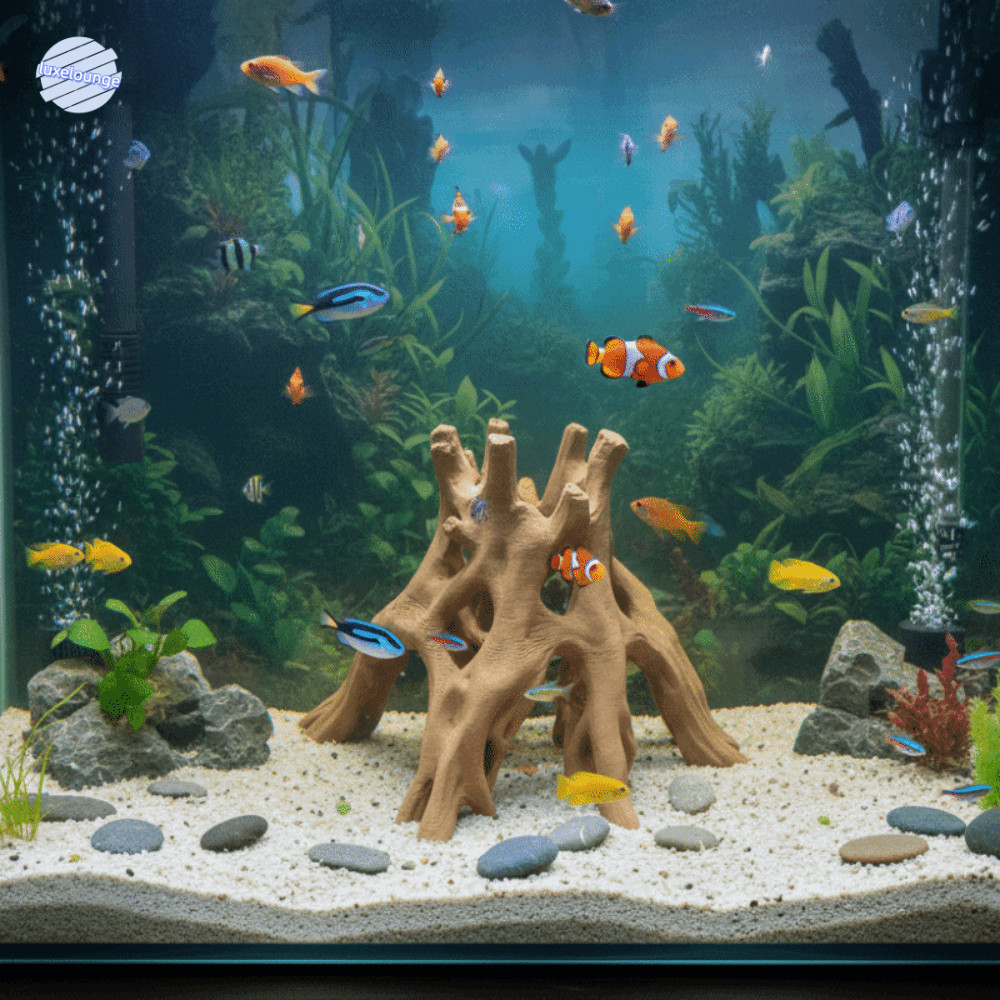 LUXELUNGE ถ้ําซ่อนกุ้งปลา, ลําต้นต้นไม้ 3D พิมพ์ที่พักพิงปลาตู้ปลา, ตกแต่งพลาสติกที่ไม่ซ้ํากัน Multi-Hole Driftwood ภูมิทัศน์ถังปลาภูมิทัศน์