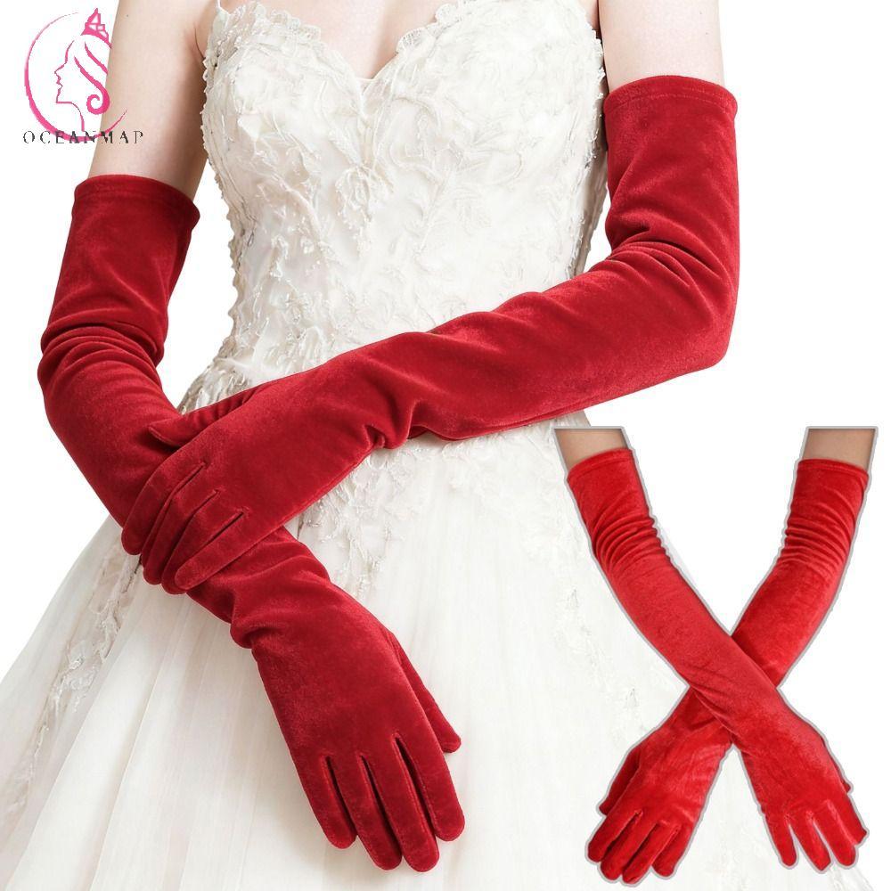 มหาสมุทรแผนที่ ถุงมือผ้ากํามะหยี่ผู้หญิง สีทึบ 53 ซม. ยาว นุ่มสบาย สําหรับชุดราตรีและงานเลี้ยง