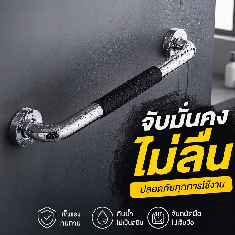 ราวจับกันลื่น สแตนเลส ซิลิโคน มือจับห้องน้ำ ผู้สูงอายุ กันน้ำ ติดตั้งง่าย รับน้ำหนักดี
