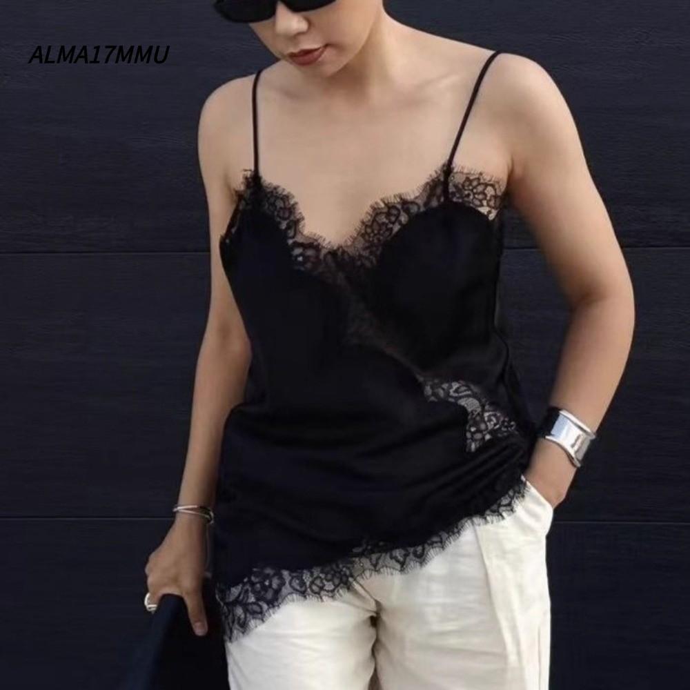 ALMA17MMU ลูกไม้ Patchwork Top,ไม่สมมาตรลูกไม้Backless Tops, Chicลูกไม้Vคอแขนกุด Camisole Topsฤดูร้อ