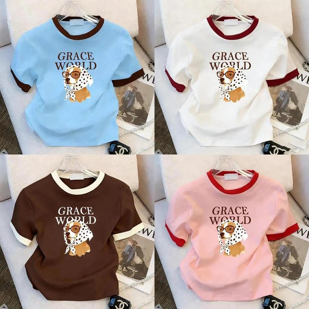 ภายใน 24 ชั่วโมง เสื้อยืดครึ่งแขนลายดอกไม้สุดชิค ทรงสลิมพิตตัวสวย เหมาะสำหรับสาวๆ  สไตล์วินเทจสุดคิวท์ ใส่สบายไม่รัดรูป