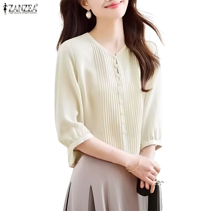 ZANZEA ผู้หญิงเกาหลี Elegant Feminine คอตั้ง 3/4 แขนโคมไฟ Single-Breasted Pleats เสื้อธรรมดา