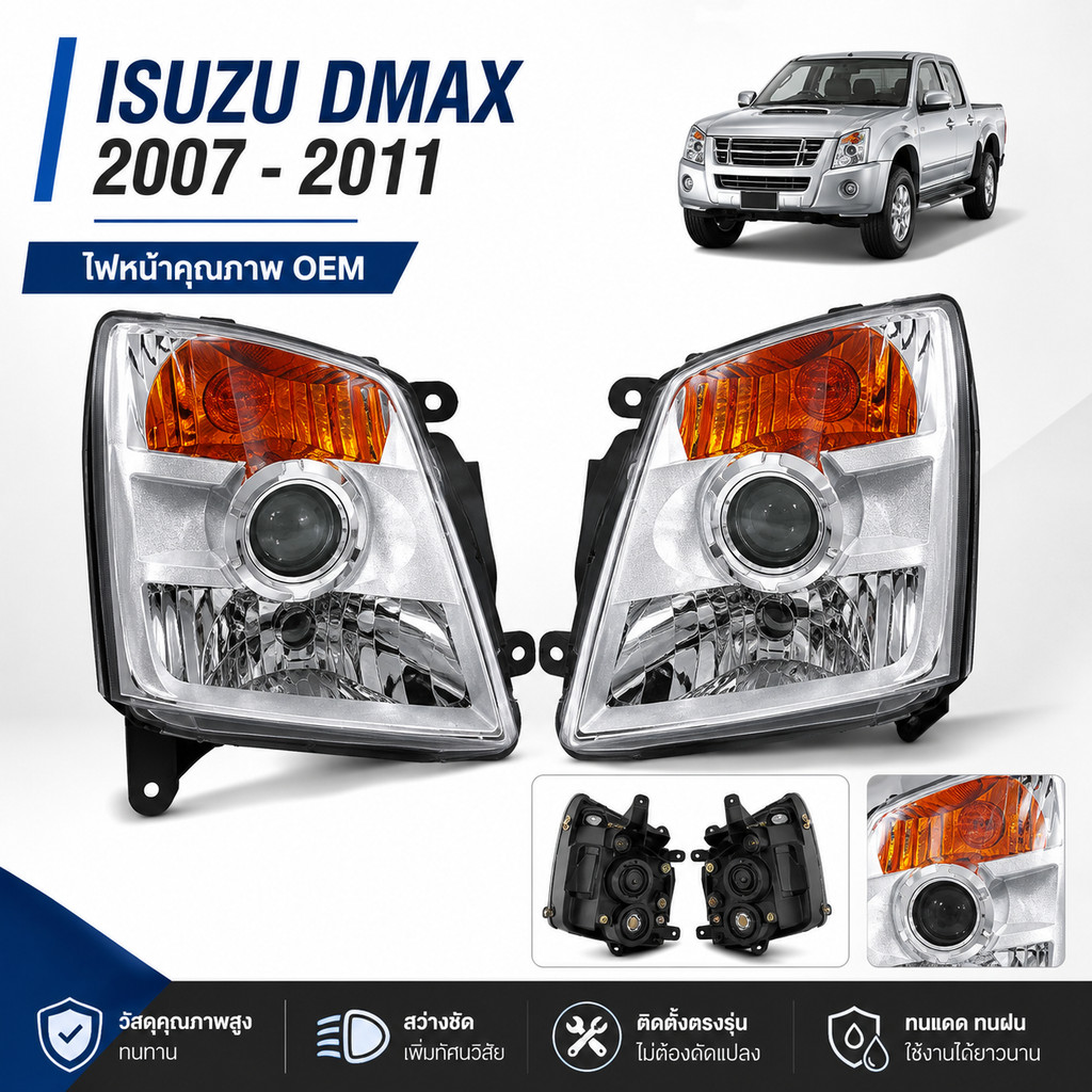 ไฟหน้าตาหวาน Isuzu Dmax 2007-2011 รุ่นโปรเจคเตอร์ เกรดพรีเมียม เปลี่ยนแทนของเดิมได้ทันที