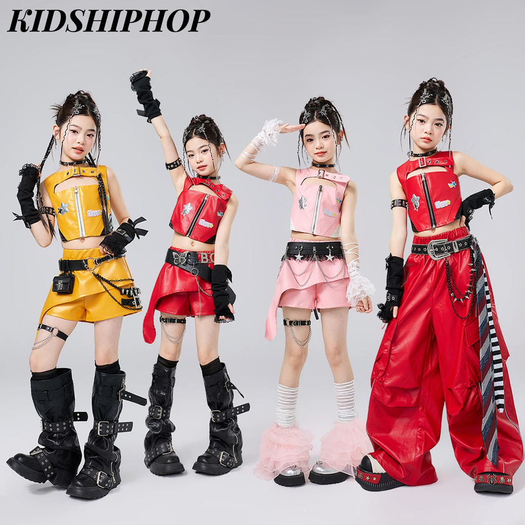 เด็กร้อนสไตล์สาวแจ็คเก็ตหนังชุดสาวแจ๊สเต้นรําประสิทธิภาพเครื่องแต่งกายอเมริกันวินเทจรถจักรยานยนต์เย็บปะติดปะต่อกันแจ็คเก็ตหนังกับสายรัดเต้นรําเครื่องแต่งกายสําห